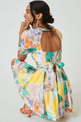 Swingy Rainbow Tie Dye Puff Sleeve Smocked Mini Sundress - Multicolor